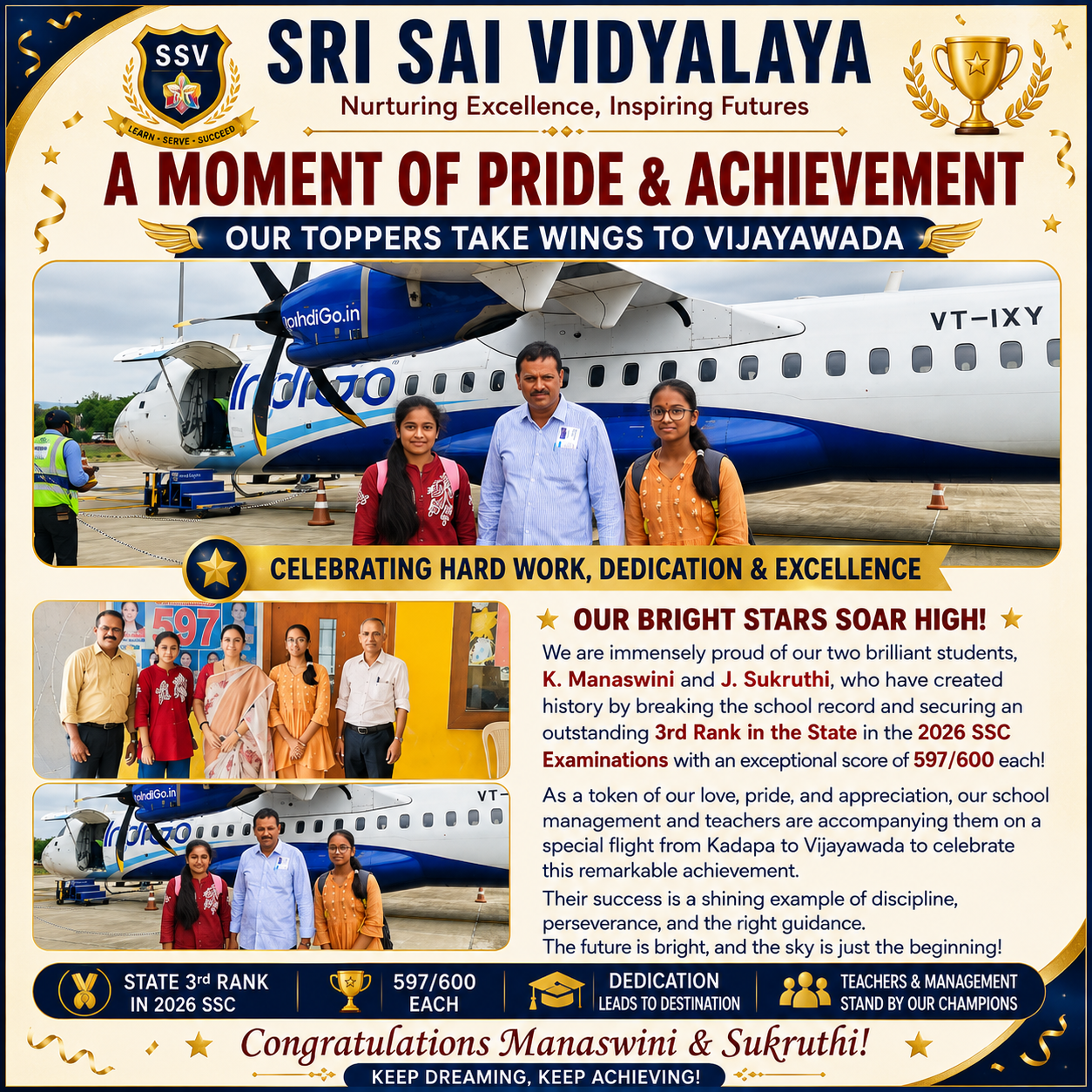 State 3rd Rank Achievers K. Manaswini and J. Sukruthi Flight Reward Trip Poster